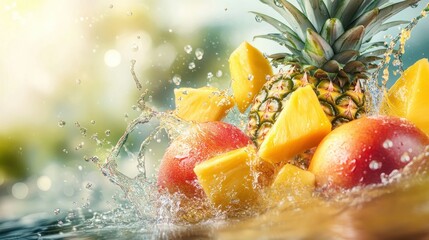 Poster - Vibrant arrangement of splashing fruits against a blurred background