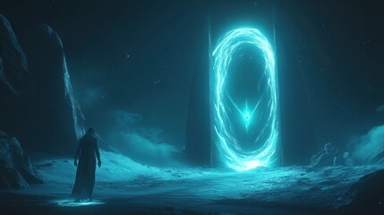Poster - A figure stands before a glowing interdimensional portal opening