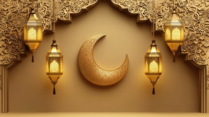Poster - Golden crescent moon and lanterns decorated with Islamic motifs