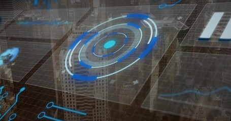 Poster - Cityscape background with futuristic animation and digital circular graphics interface