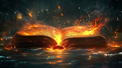 Poster - A burning book is floating on water with flames everywhere