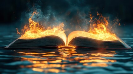 Poster - A burning book immersed in water with fire and smoke rising