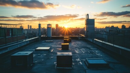 Aufkleber - A beautiful sunset scene over a city skyline rooftop