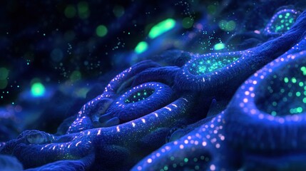 Poster - Beautiful coral polyps with bioluminescence glow brightly in dark waters