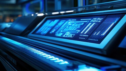 Poster - The futuristic control panel with bright illuminated blue screens
