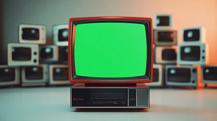 Poster - artistic 3d rendered composition stack old classic television with green screen monitors random positions in empty room dynamic composition cinematic lighting video element chroma key video element