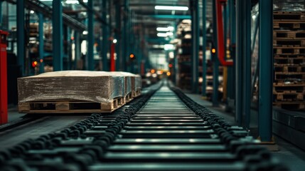 Poster - Pallet of Goods on a Conveyor Belt in a Warehouse