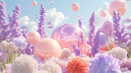 Poster - Floral garden with bubbles floating in the sky is beautiful
