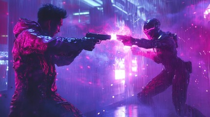 Aufkleber - A dramatic gunfight between two people in neon rain