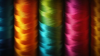 Fototapete - Several colorful threads on spools are vertically arranged up close