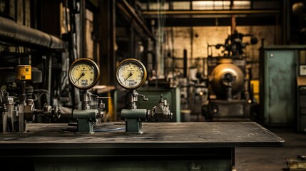 Poster - Two pressure gauges mounted on a workbench inside a factory