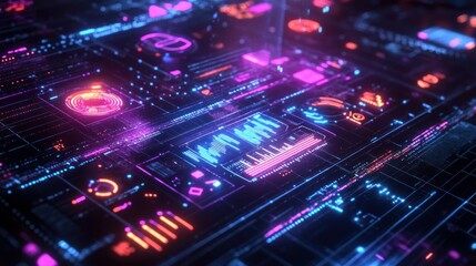 Poster - Complex digital interface displays glowing neon lights and colorful lines