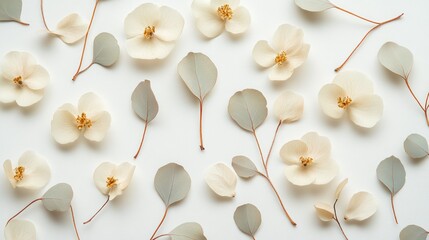 Poster - White Flowers And Leaves Displayed On A White Clean Background