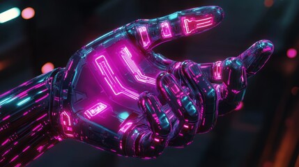 Poster - A Futuristic Hand Displays Digital Technology And Neon Glowing Lights