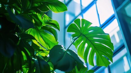 Poster - A large green plant sits near a window with bright sunlight