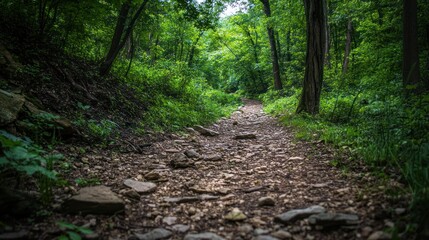 Poster - A rocky path leads through the lush green forest towards the light