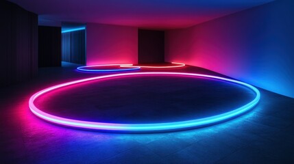 Poster - A Room Lit with Neon Circles and Vibrant Color Tones