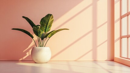 Poster - A potted plant in a room with sunlight and shadows