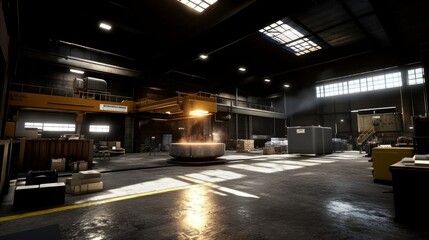 Poster - An industrial metal smelting factory building with bright lighting and shadows