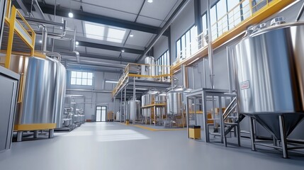 Poster - Industrial stainless steel tanks and pipes in a large manufacturing facility