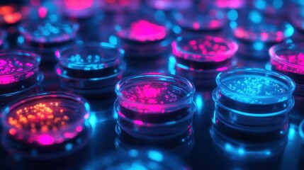Poster - The Petri Dishes Illuminated With Glowing Fluorescence in Laboratory