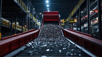 Poster - Conveyor belt is transporting a pile of metal fragments