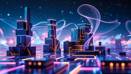 Poster - Vibrant neon cityscape at night with glowing buildings and ethereal elements