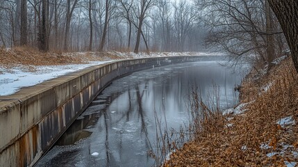 Poster - A peaceful frozen river surrounded by trees and a concrete wall