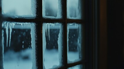 Poster - A frosted window with a clear view of snow outside