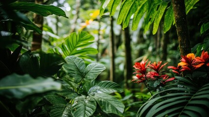 Poster - The lush rainforest displays various vibrant green and red plants