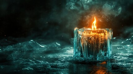 Poster - A burning candle inside an icy block illuminates the dark cold scene