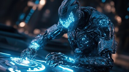 Aufkleber - Futuristic Robot Engaged with a Glowing Control Panel
