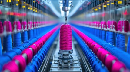 Poster - Several spools of thread are aligned in an industrial factory setting