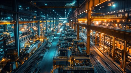 Poster - An industrial factory interior featuring a high overhead crane system