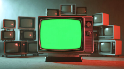Poster - artistic 3d rendered composition stack old classic television with green screen monitors random positions in empty room dynamic composition cinematic lighting video element chroma key video element
