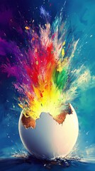 Poster - An abstract depiction of a cracked egg with color bursts
