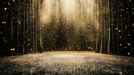 Poster - Golden light illuminates a stage with black curtains and shimmering confetti