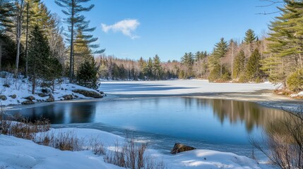 Poster - Winter landscape of trees with ice covered lake and sky