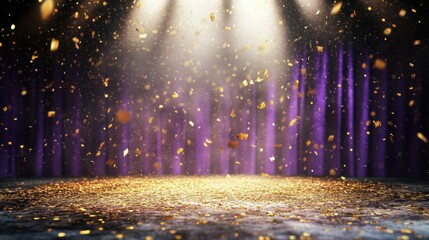 Poster - Gold Confetti Falls On A Stage Lit By Spotlights