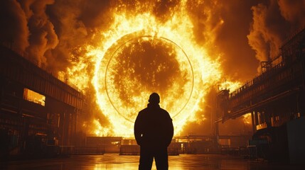 Poster - The lone silhouette is watching the burning fiery inferno