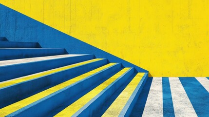 Poster - Blue and Yellow Staircase Ascending to a Yellow Colored Wall
