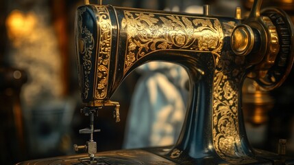 Poster - A Decorated Antique Sewing Machine with Detailed Gold Embellishments