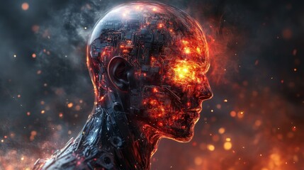 Poster - A futuristic depiction of a burning cyborg head profile