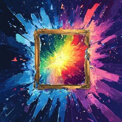 Poster - A Colorful Explosion of Paint Surrounds an Ornate Golden Frame
