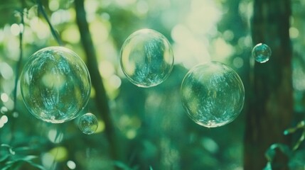 Poster - Green Forest Background With Beautiful Water Bubble Reflections