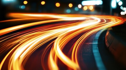Poster - Abstract image showing light trails on a curved road at night