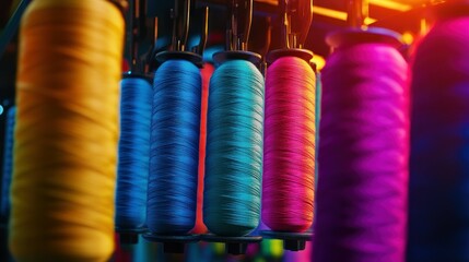 Poster - Multicolored Spools of Thread Hanging From a Machine