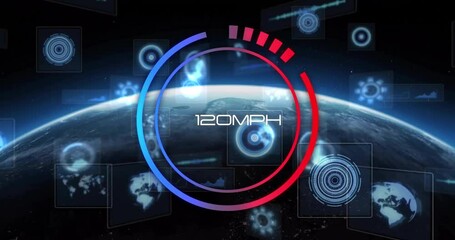 Poster - Futuristic speedometer animation displaying 120 MPH over Earth with digital graphics