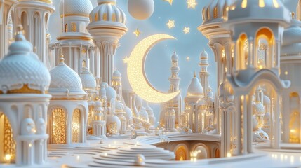 Aufkleber - A grand white city sparkles beneath a crescent moon and stars