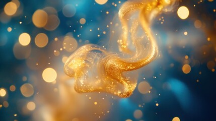 Poster - Gold fluid swirls with glittering particles on a dark blue backdrop